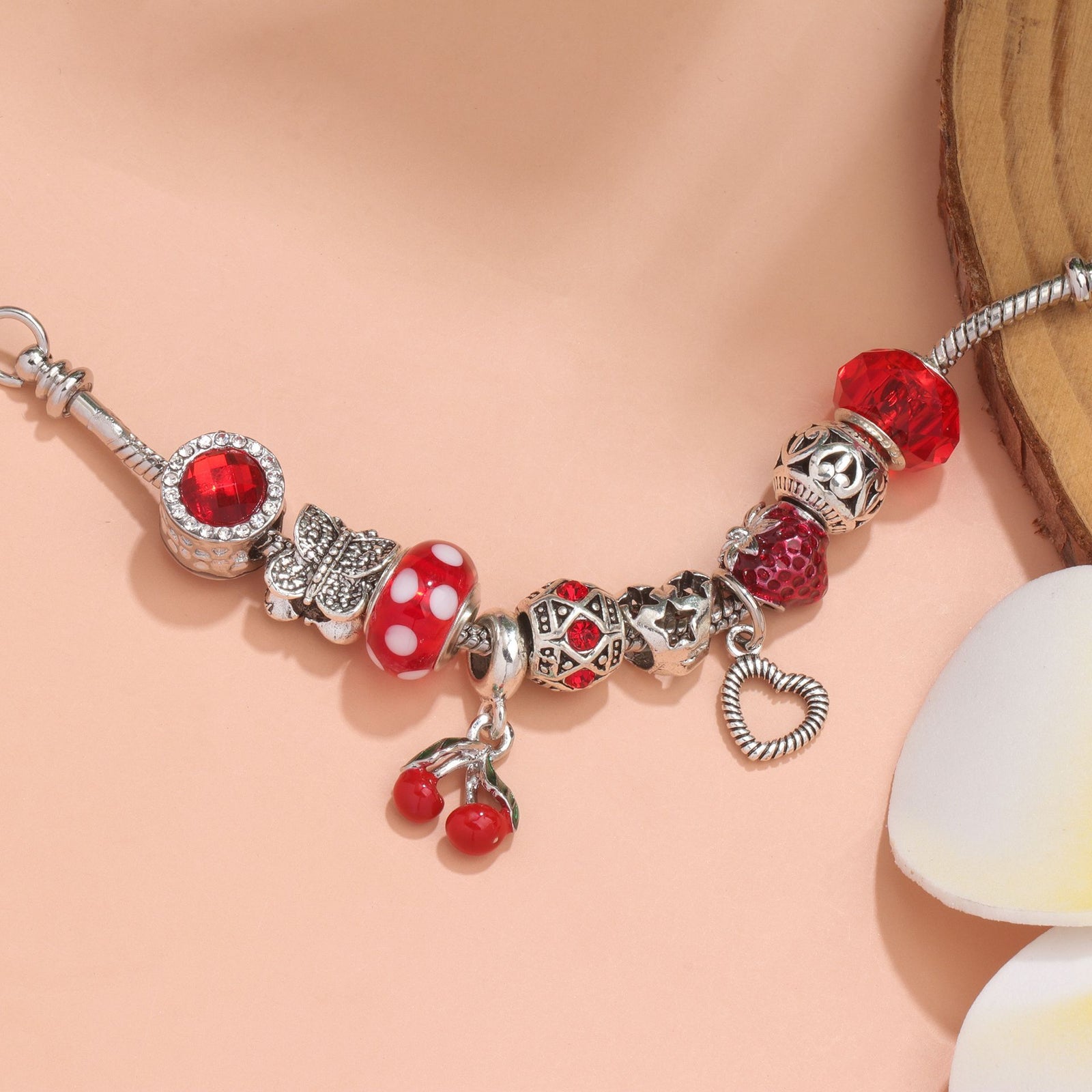 Charm Bracelet with Butterfly & Crystal Heart, Zinc Alloy(red,17cm)