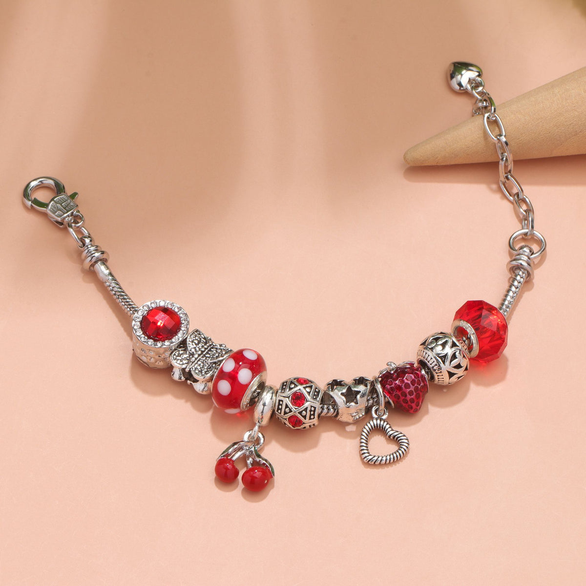 Charm Bracelet with Tortoise, Heart, Clover Pendant(red,18cm)