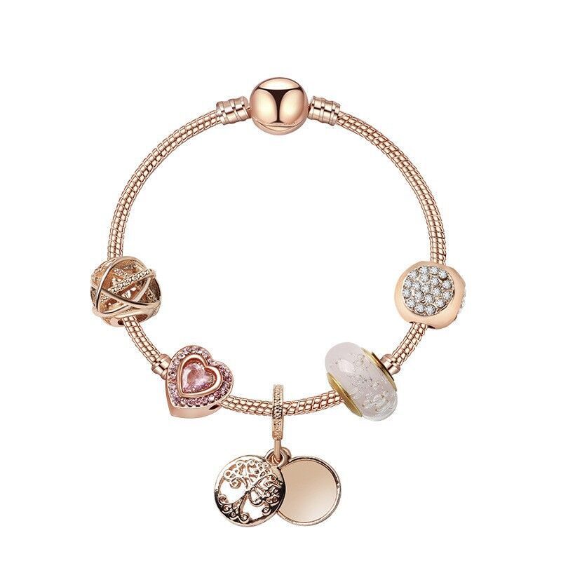 Glamorous Rose Gold Bracelet with Zircon, Glass Beads &amp; Double Disc Pendant(18cm)