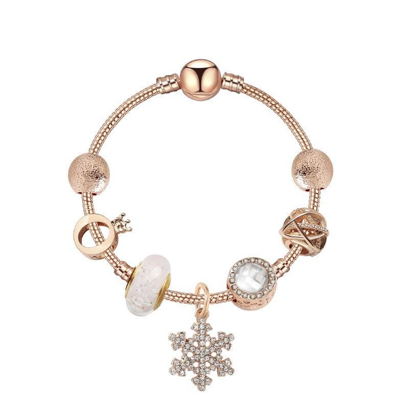 Rose Gold Snowflake Pendant Bracelet with Crystal Zircon, Crown &amp; Glass Charms – Glamorous Sweet-Style Alloy Bracelet(18cm)