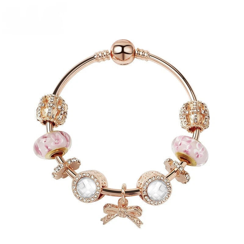 Glamorous Golden Bracelet with Rhinestone Glass, Zircon, Hollow Beads & Bow Pendant(21cm)