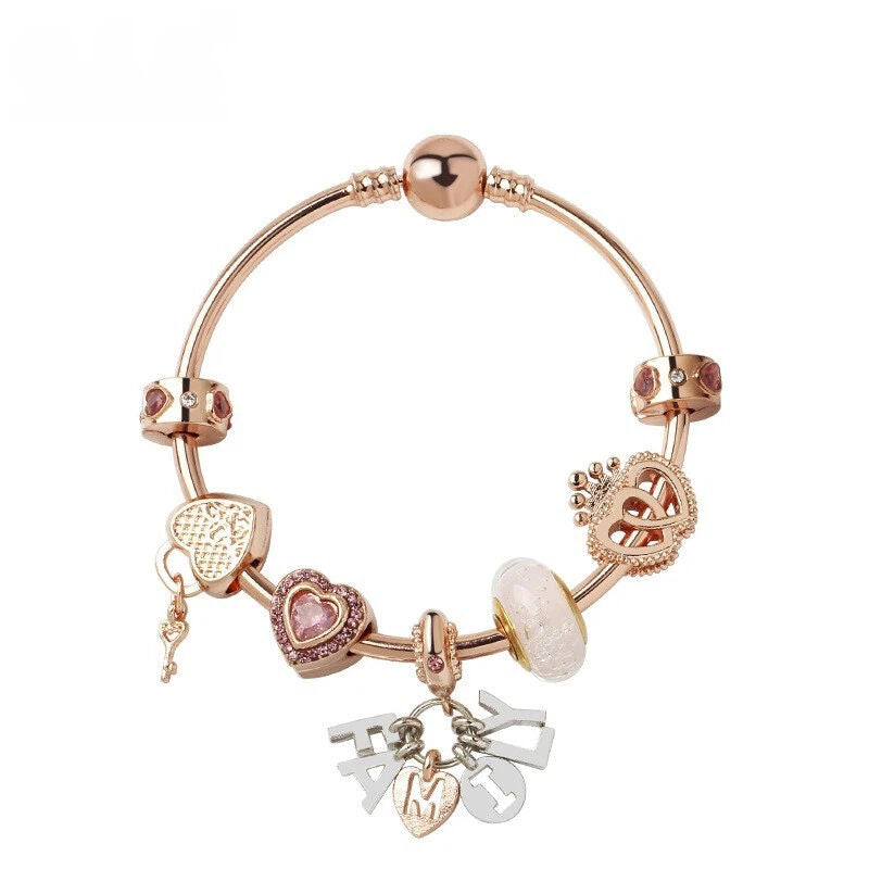 Glamorous Gold Bracelet with Glass, Zircon, Heart &amp; Crown Charms, “FAMILY” Word Pendant(18cm)