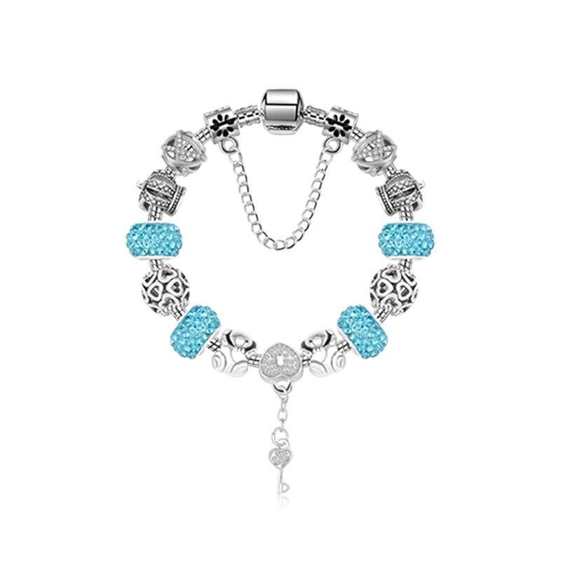 Stunning Rhinestone Charm Bracelet: Hollow Heart Beads + Crown Charms + Happy Key-Lock Pendant | Blue(19cm)