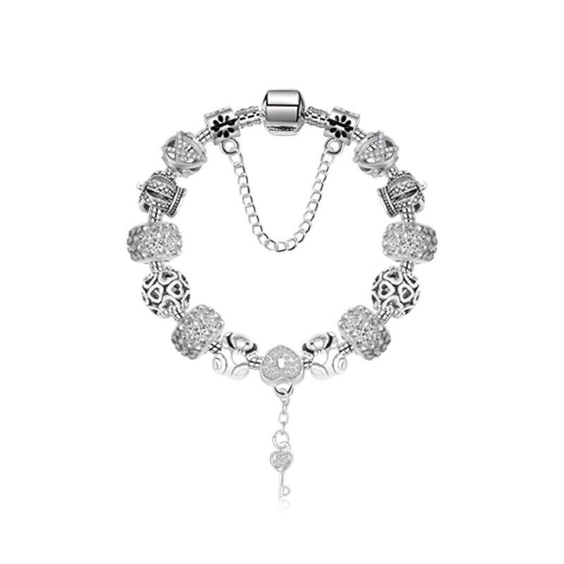 Stunning Rhinestone Charm Bracelet: Hollow Heart Beads + Crown Charms + Happy Key-Lock Pendant | Silver(19cm)