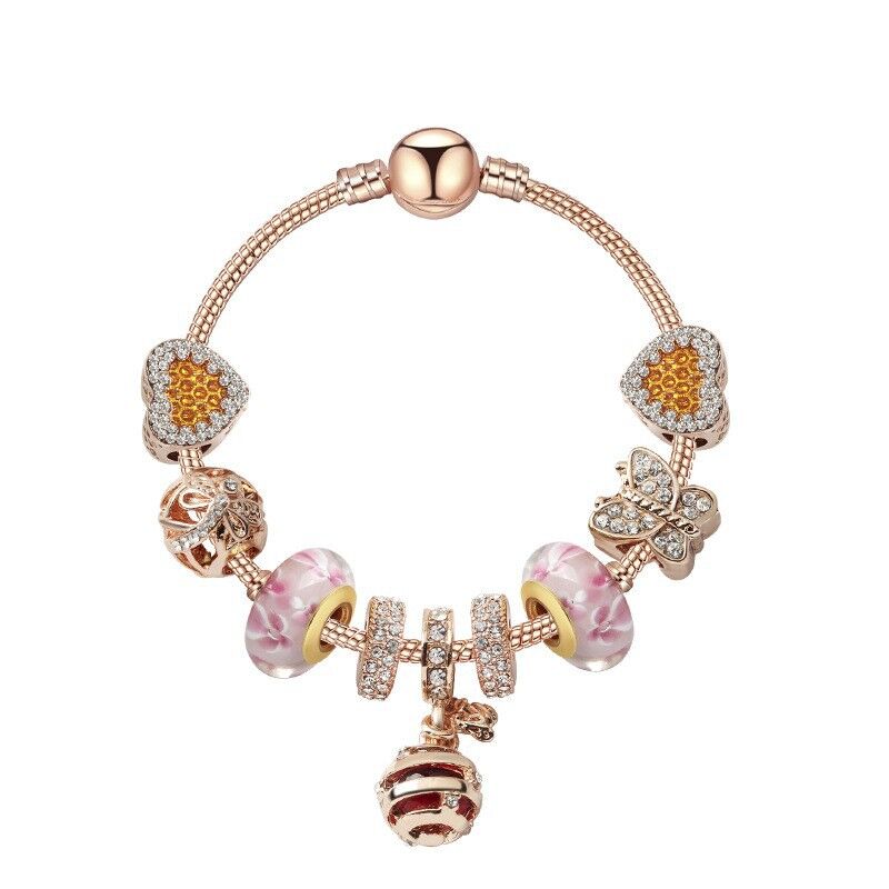 Gold Snake Pendant Bracelet: Rhinestone Resin, Zircon Butterfly &amp; Beads(19cm)