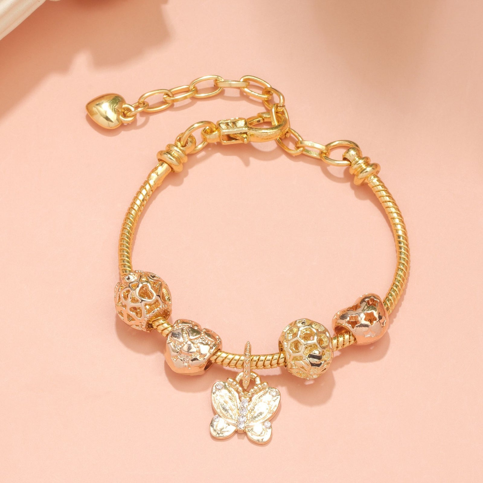 Hollow Beads Butterfly Heart Charm Bracele(yellow,16cm)