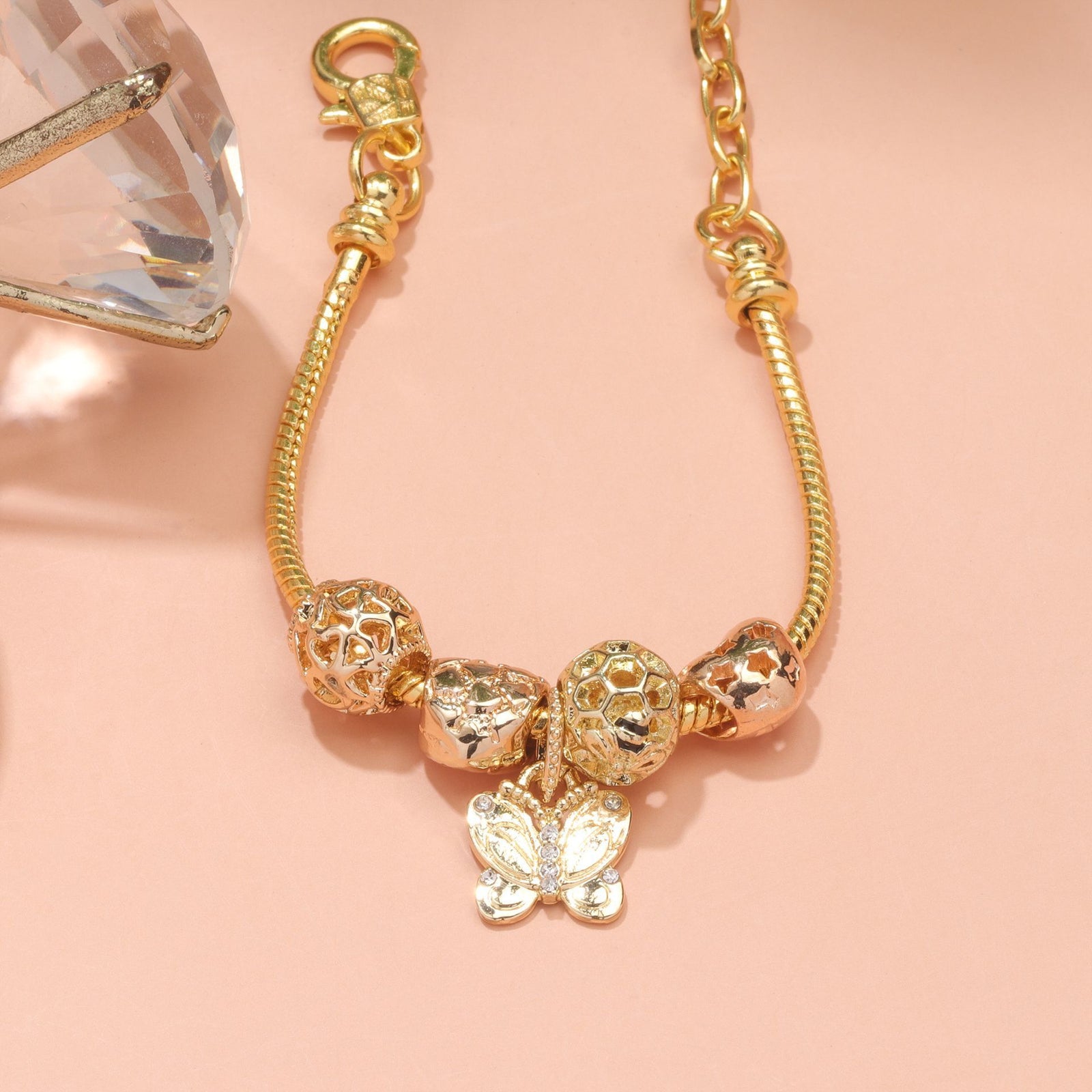 Hollow Beads Butterfly Heart Charm Bracele(yellow,20cm)