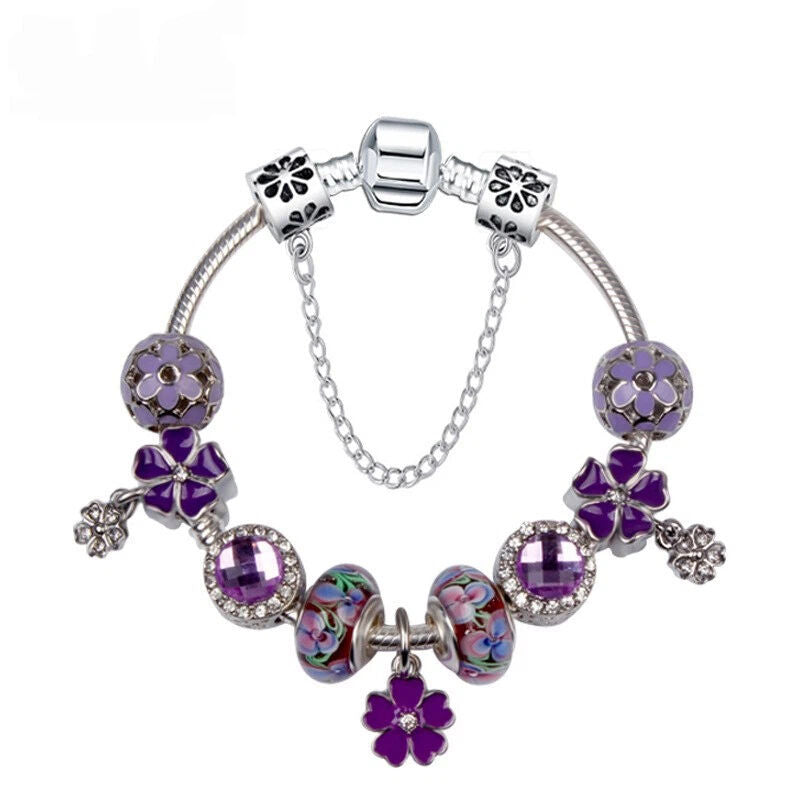 Purple Four Leaf Clover Pendant Bracelet – Sparkling Zircon Resin Glass Beads(19cm)