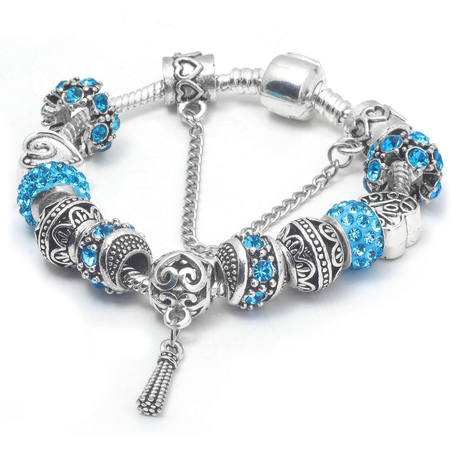 Women’s Vintage Silver-Plated Charm Bracelet - Crystal-Embedded Hollow Carved Multi-Bead Fashion Jewelry(blue-17cm)