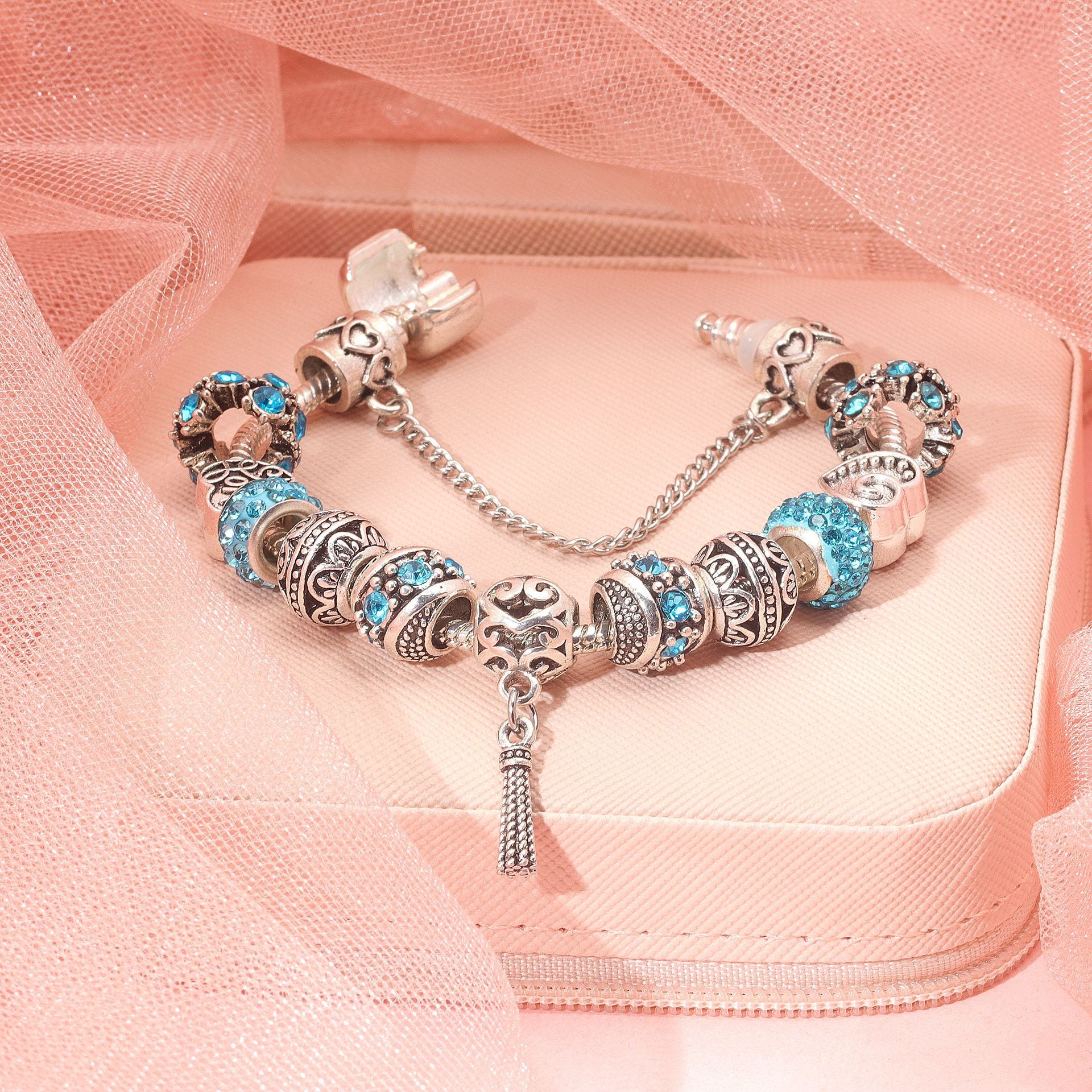Women’s Vintage Silver-Plated Charm Bracelet - Crystal-Embedded Hollow Carved Multi-Bead Fashion Jewelry(blue-17cm)