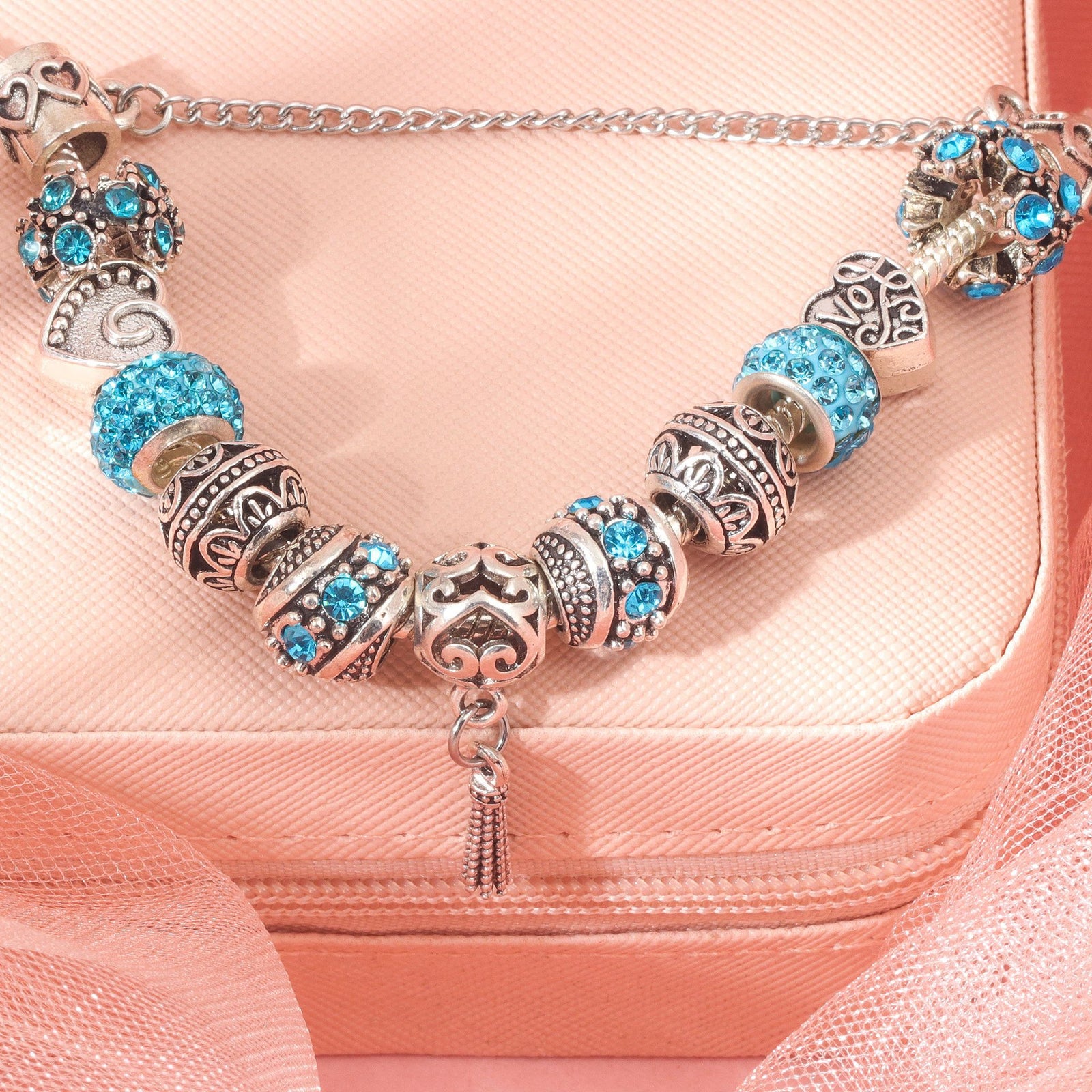 Women’s Vintage Silver-Plated Charm Bracelet - Crystal-Embedded Hollow Carved Multi-Bead Fashion Jewelry(blue-18cm)