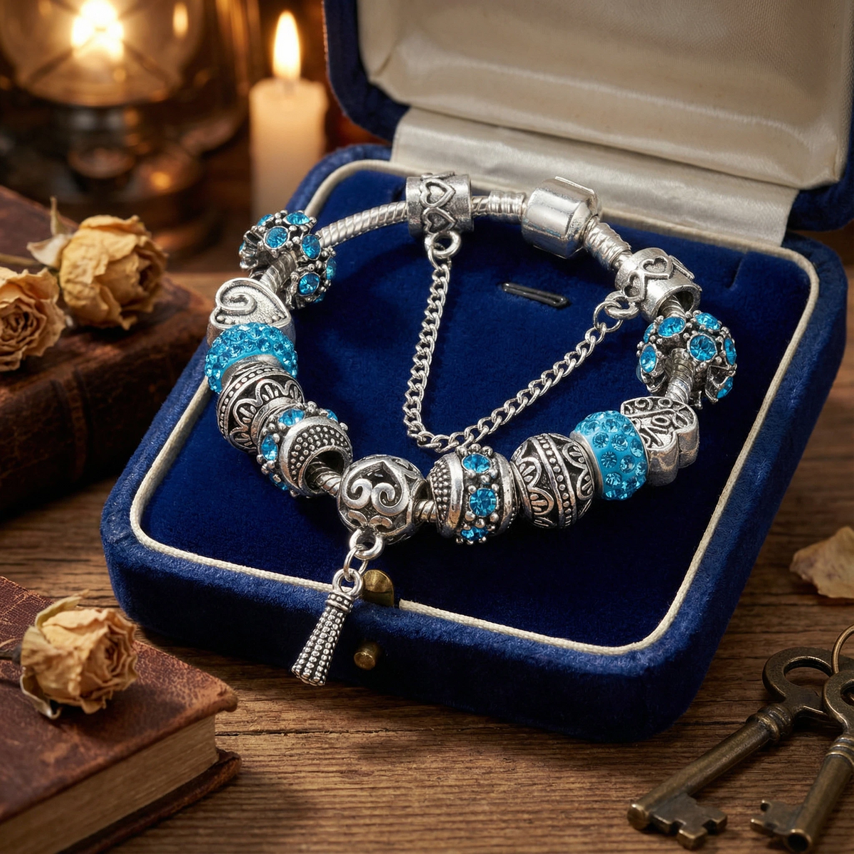 Women’s Vintage Silver-Plated Charm Bracelet - Crystal-Embedded Hollow Carved Multi-Bead Fashion Jewelry(blue-18cm)