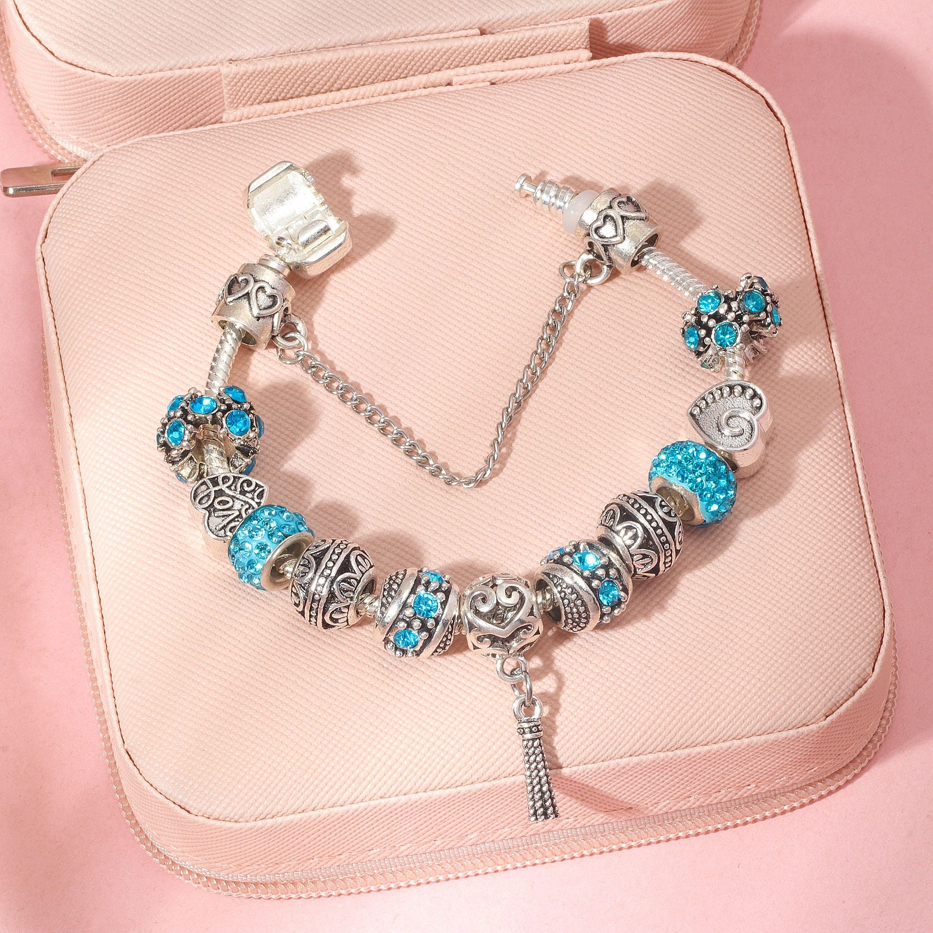 Women’s Vintage Silver-Plated Charm Bracelet - Crystal-Embedded Hollow Carved Multi-Bead Fashion Jewelry(blue-19cm)