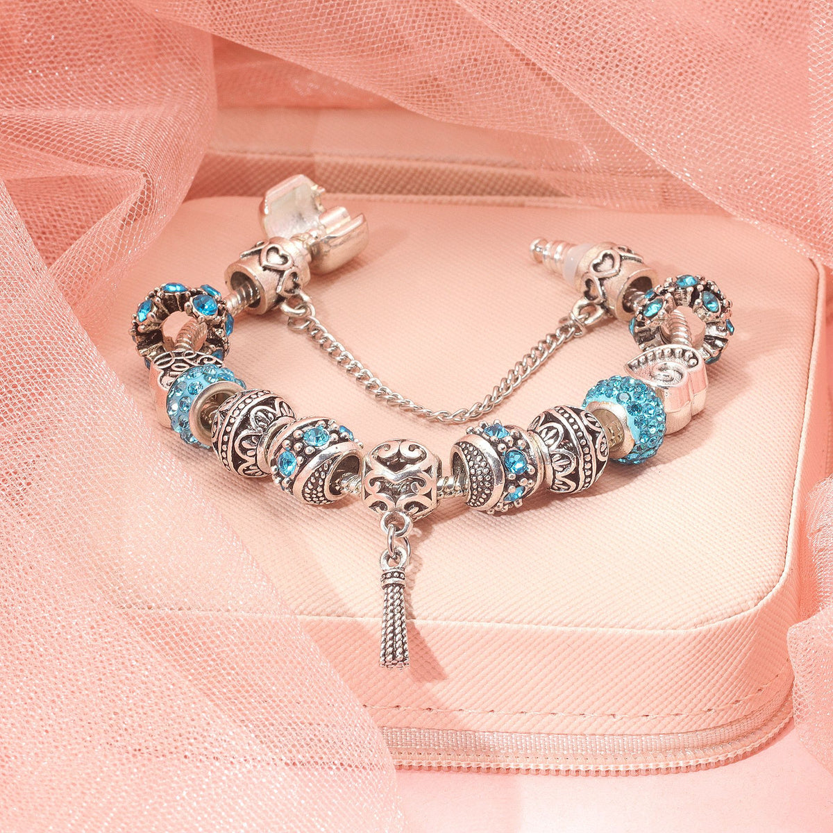 Women’s Vintage Silver-Plated Charm Bracelet - Crystal-Embedded Hollow Carved Multi-Bead Fashion Jewelry(blue-19cm)