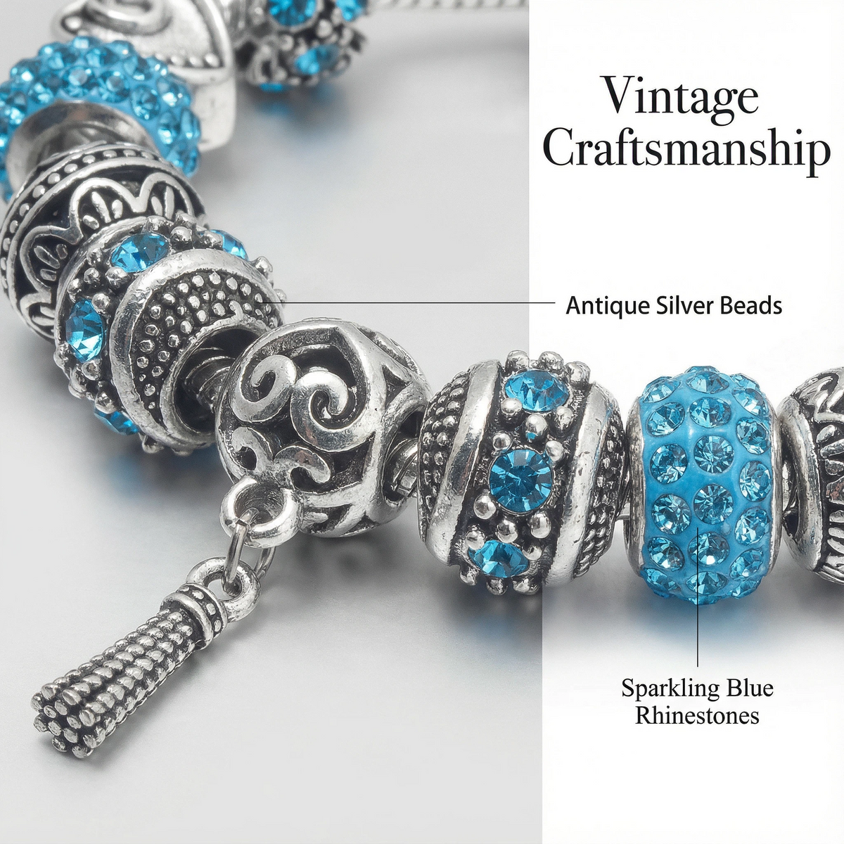 Women’s Vintage Silver-Plated Charm Bracelet - Crystal-Embedded Hollow Carved Multi-Bead Fashion Jewelry(blue-19cm)