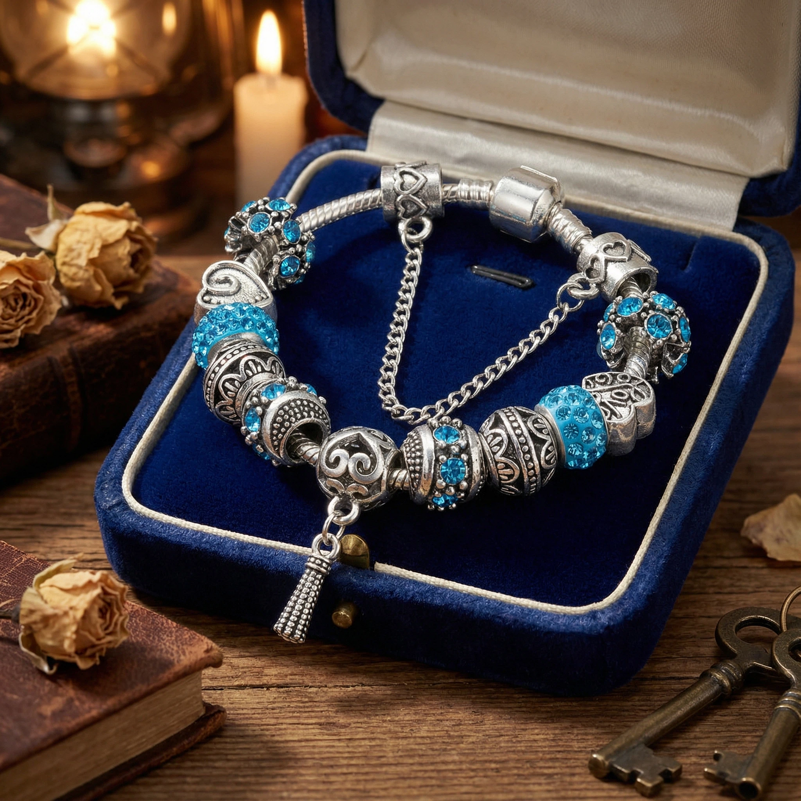 Women’s Vintage Silver-Plated Charm Bracelet - Crystal-Embedded Hollow Carved Multi-Bead Fashion Jewelry(blue-19cm)