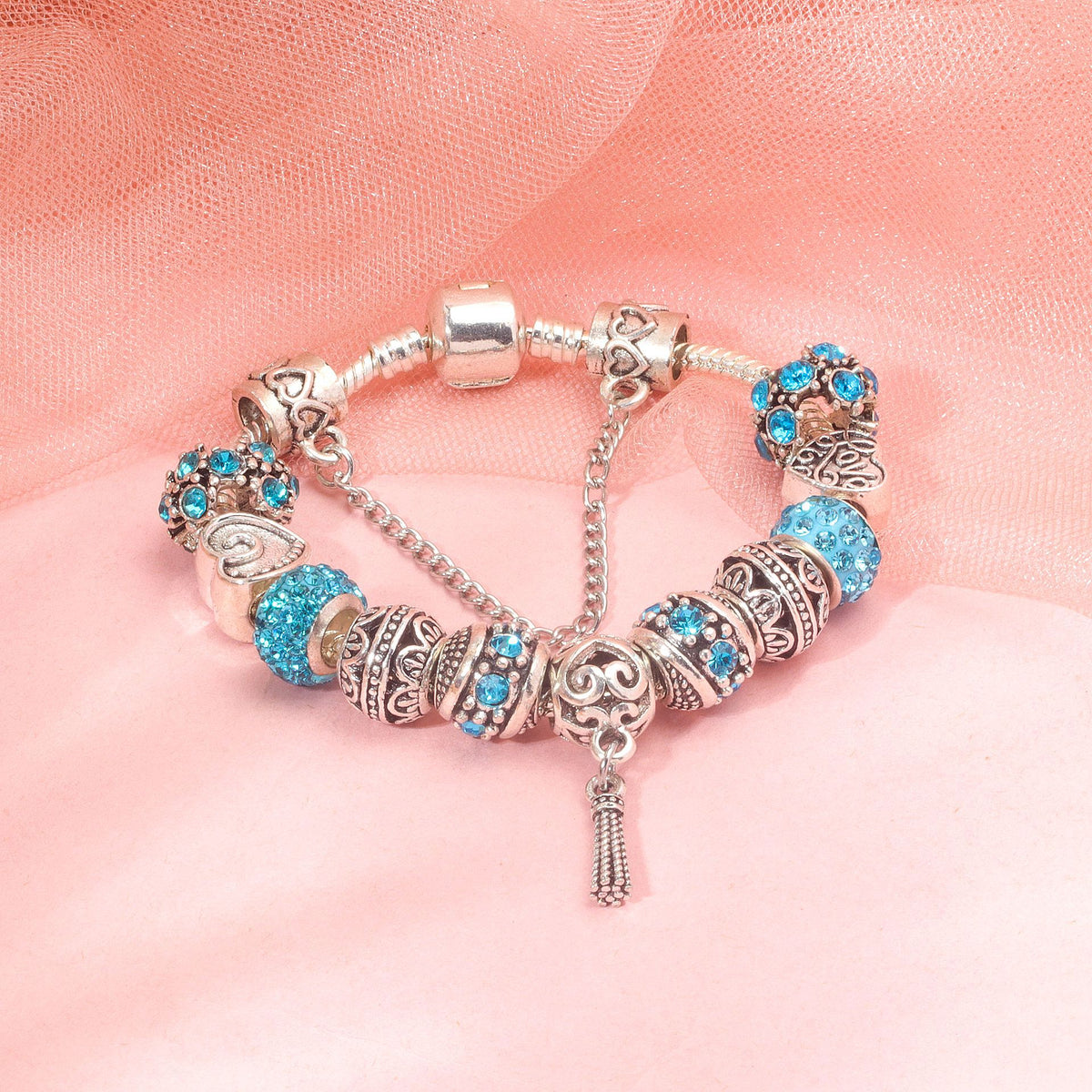 Women’s Vintage Silver-Plated Charm Bracelet - Crystal-Embedded Hollow Carved Multi-Bead Fashion Jewelry(blue-20cm)