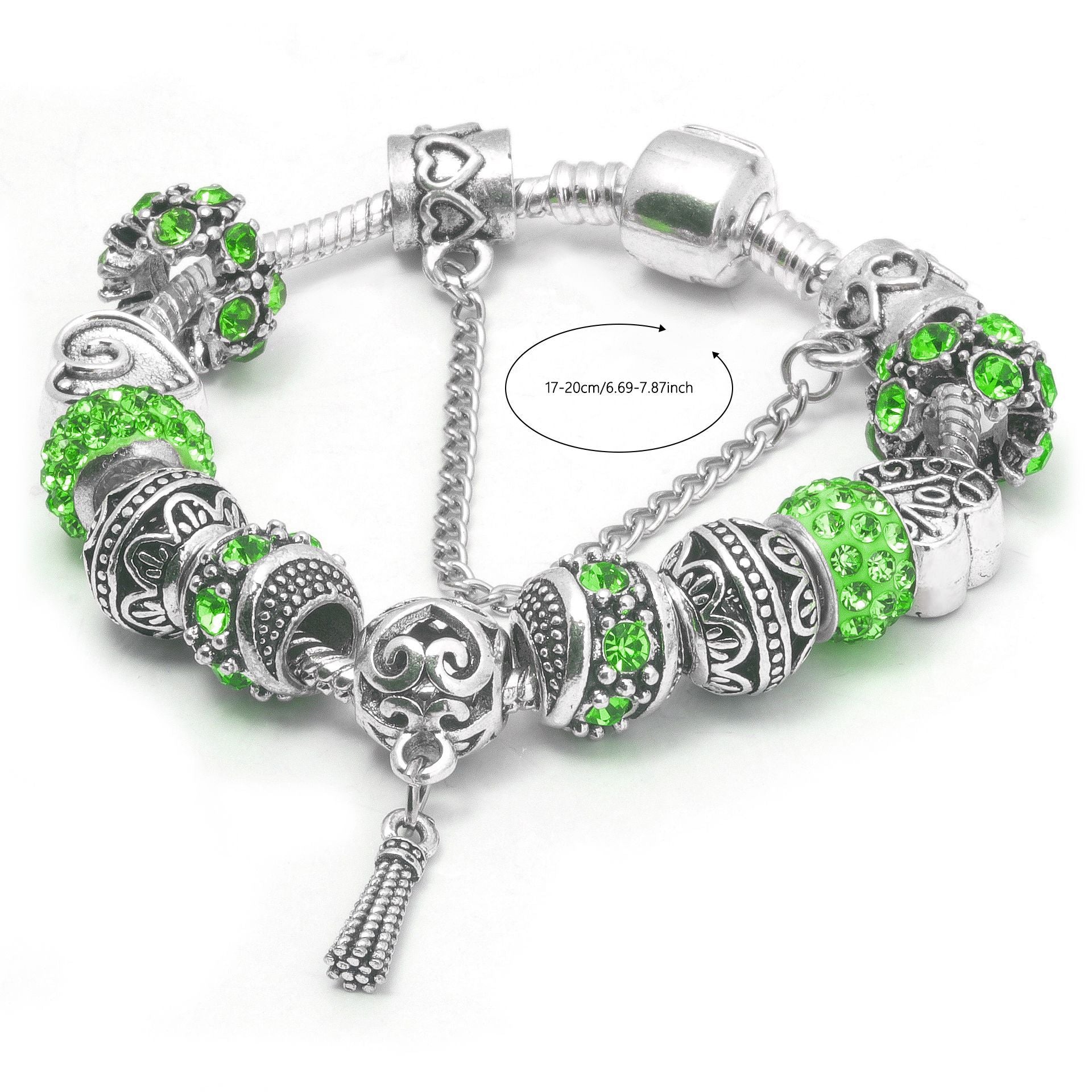 Women’s Vintage Silver-Plated Charm Bracelet - Crystal-Embedded Hollow Carved Multi-Bead Fashion Jewelry(green-18cm)