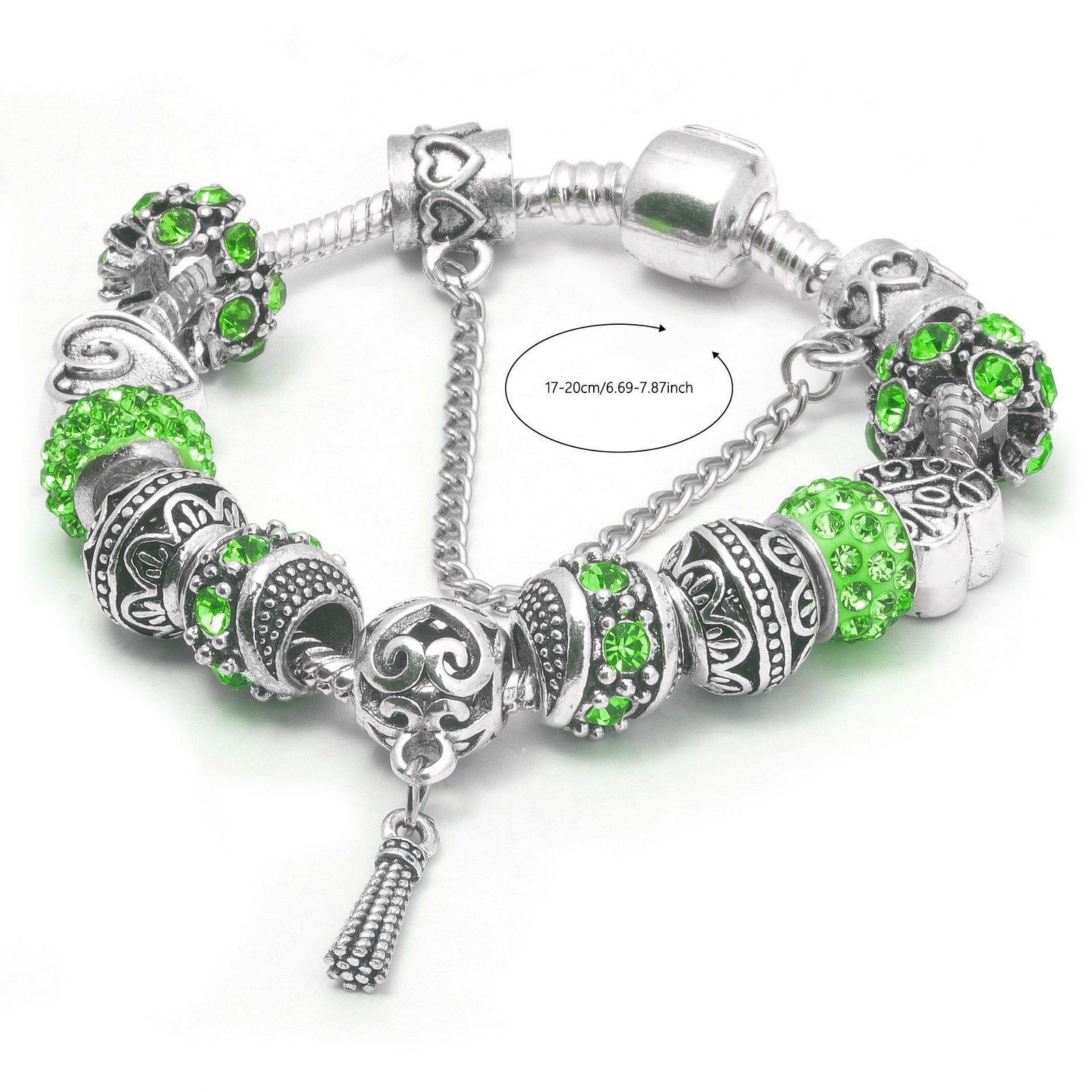 Women’s Vintage Silver-Plated Charm Bracelet - Crystal-Embedded Hollow Carved Multi-Bead Fashion Jewelry(green-20cm)
