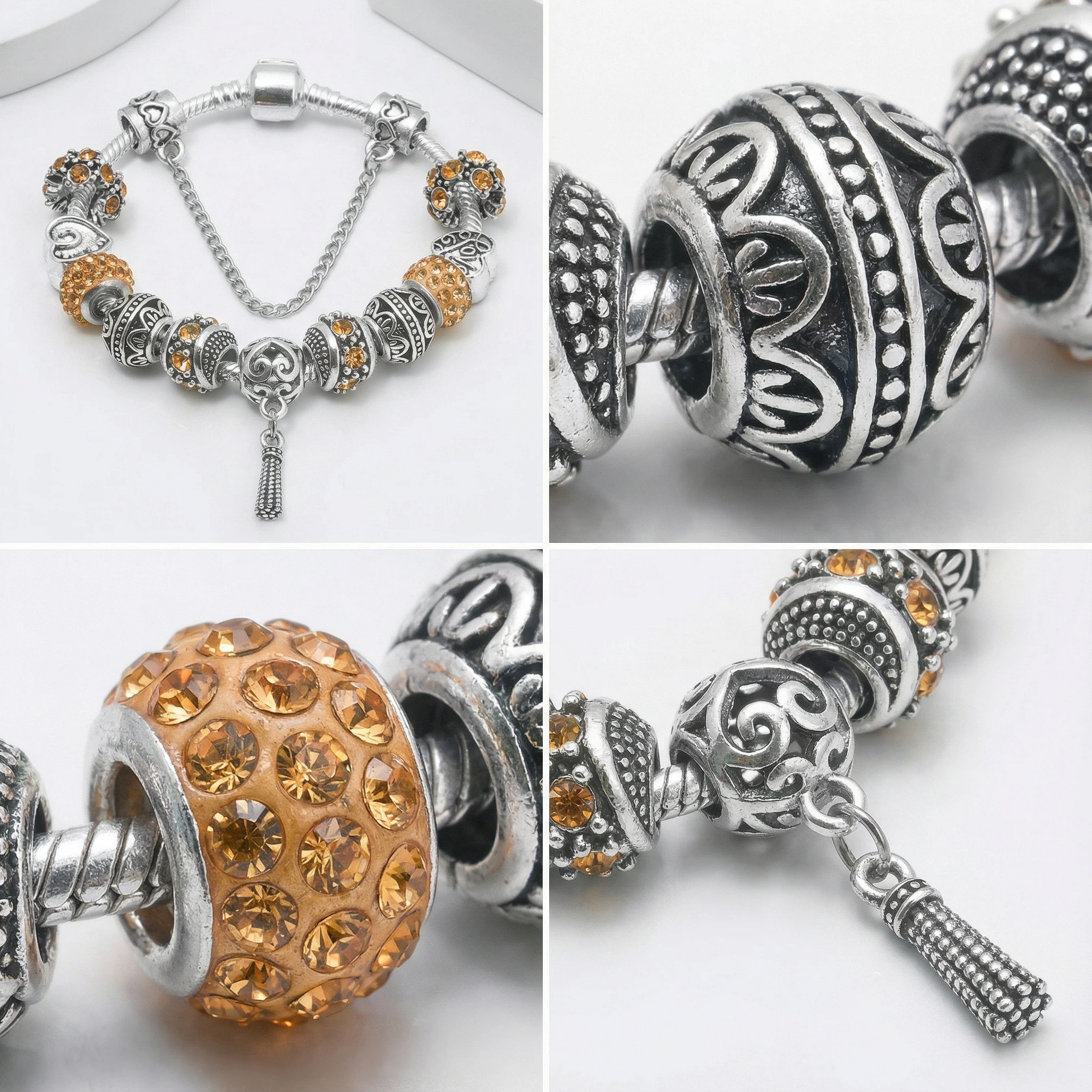 Women’s Vintage Silver-Plated Charm Bracelet - Crystal-Embedded Hollow Carved Multi-Bead Fashion Jewelry(orange-17cm)