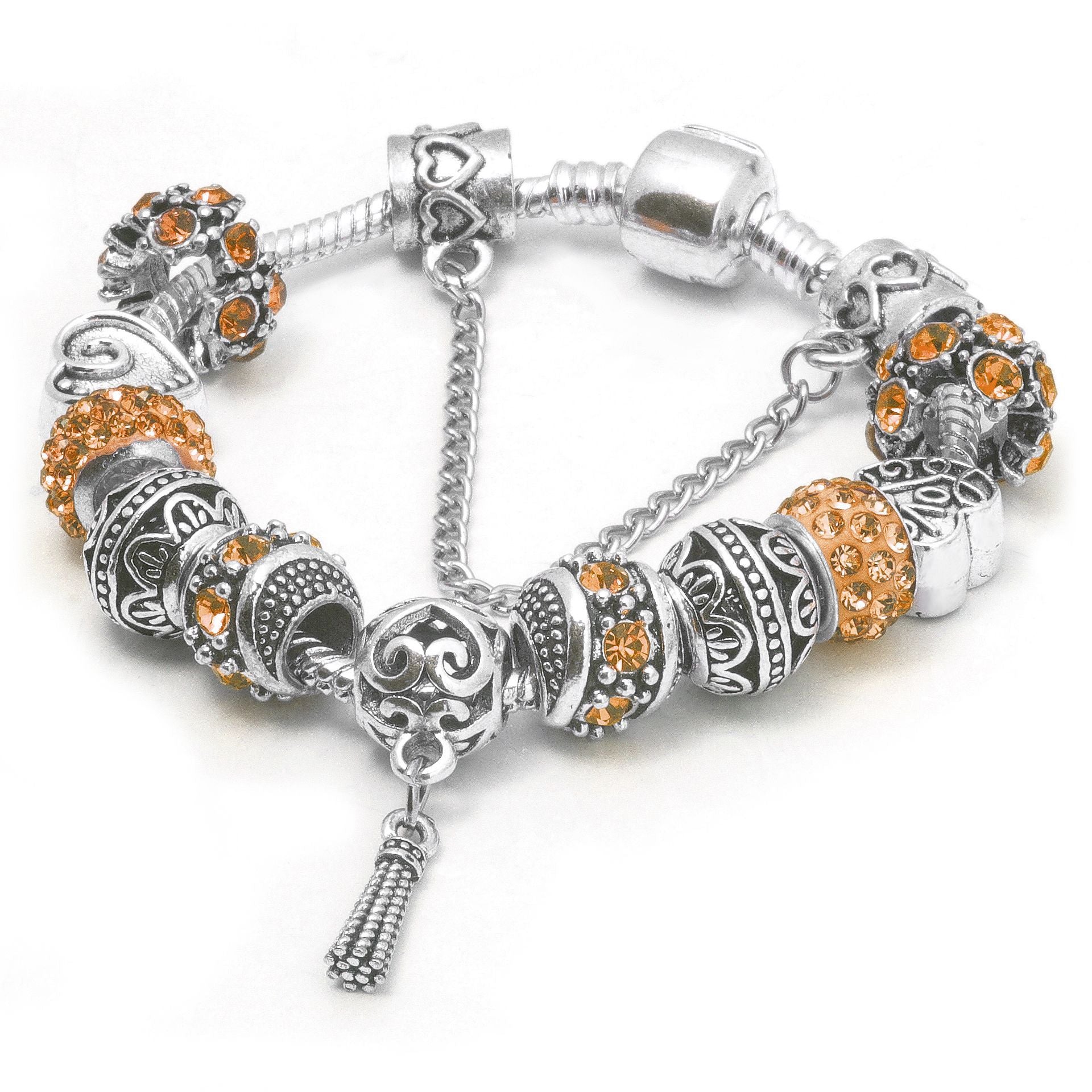Women’s Vintage Silver-Plated Charm Bracelet - Crystal-Embedded Hollow Carved Multi-Bead Fashion Jewelry(orange-18cm)