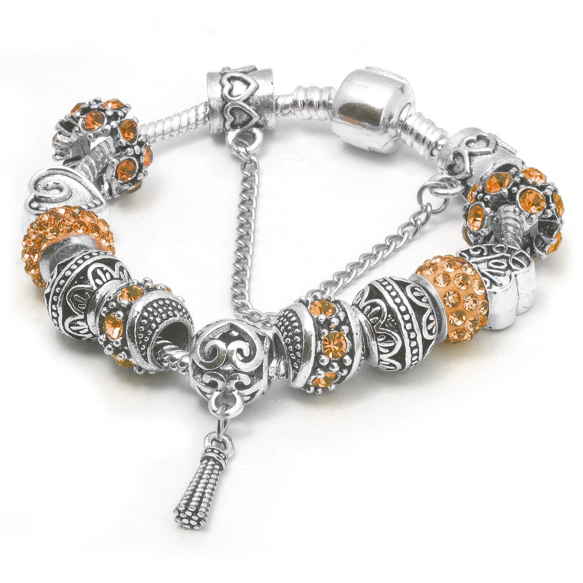 Women’s Vintage Silver-Plated Charm Bracelet - Crystal-Embedded Hollow Carved Multi-Bead Fashion Jewelry(orange-19cm)