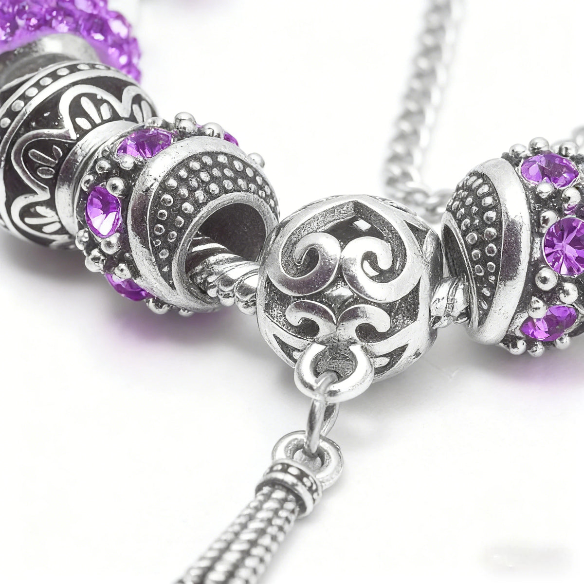 Women’s Vintage Silver-Plated Charm Bracelet - Crystal-Embedded Hollow Carved Multi-Bead Fashion Jewelry(purple-19cm)