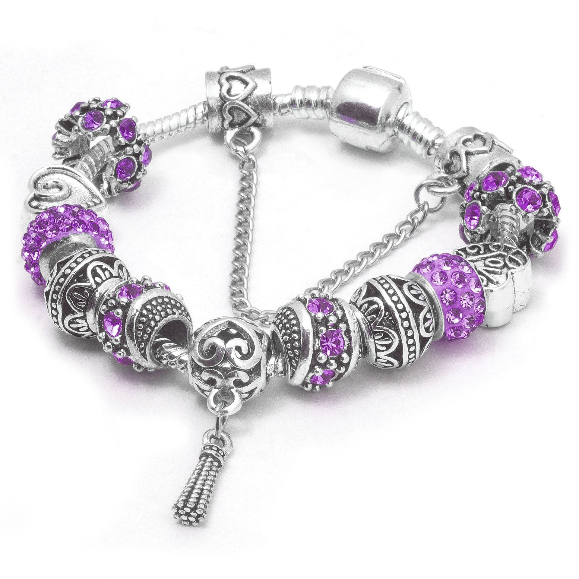 Women’s Vintage Silver-Plated Charm Bracelet - Crystal-Embedded Hollow Carved Multi-Bead Fashion Jewelry(purple-20cm)