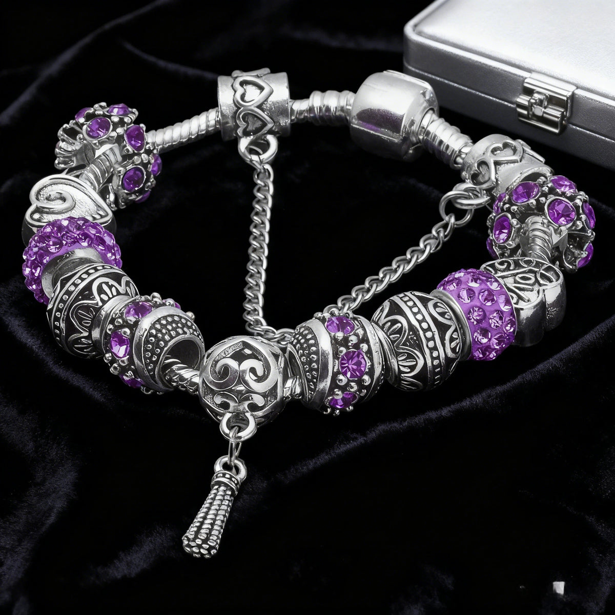 Women’s Vintage Silver-Plated Charm Bracelet - Crystal-Embedded Hollow Carved Multi-Bead Fashion Jewelry(purple-20cm)