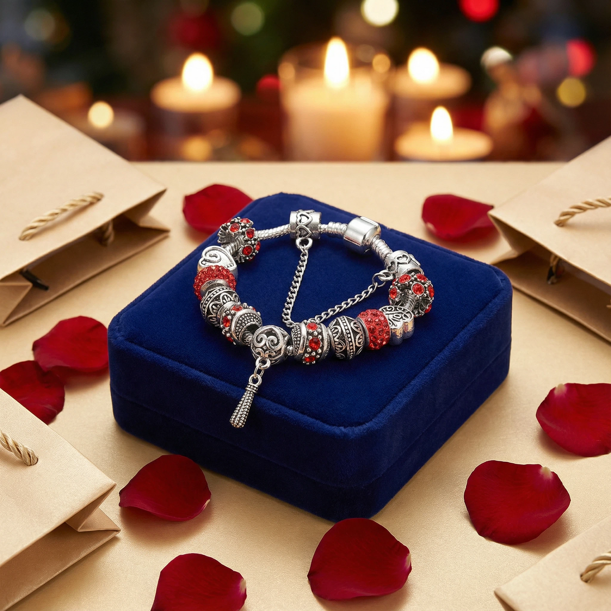 Women’s Vintage Silver-Plated Charm Bracelet - Crystal-Embedded Hollow Carved Multi-Bead Fashion Jewelry(red-20cm)