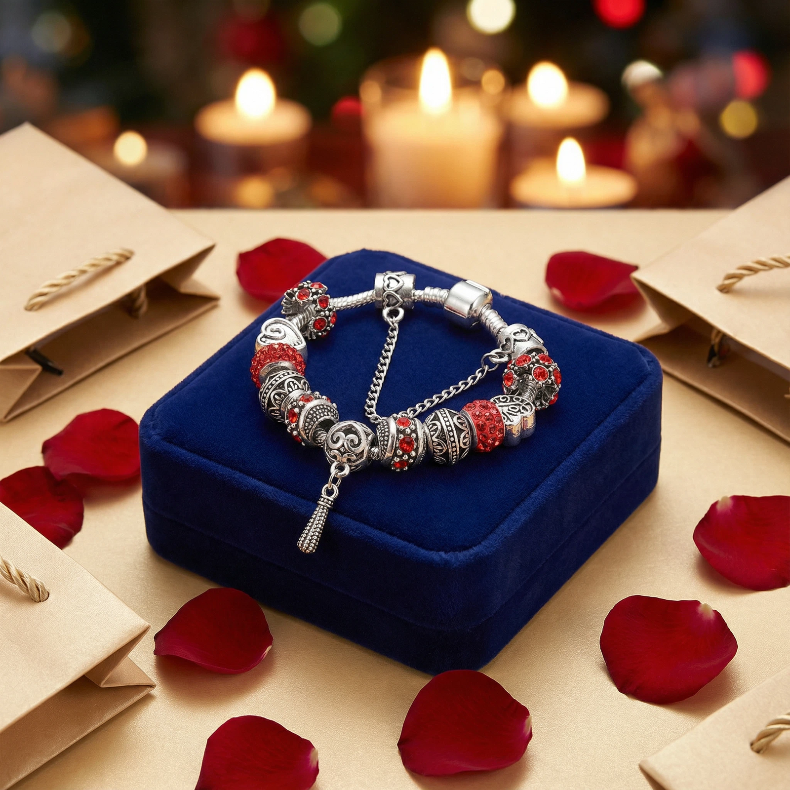 Women’s Vintage Silver-Plated Charm Bracelet - Crystal-Embedded Hollow Carved Multi-Bead Fashion Jewelry(red-20cm)