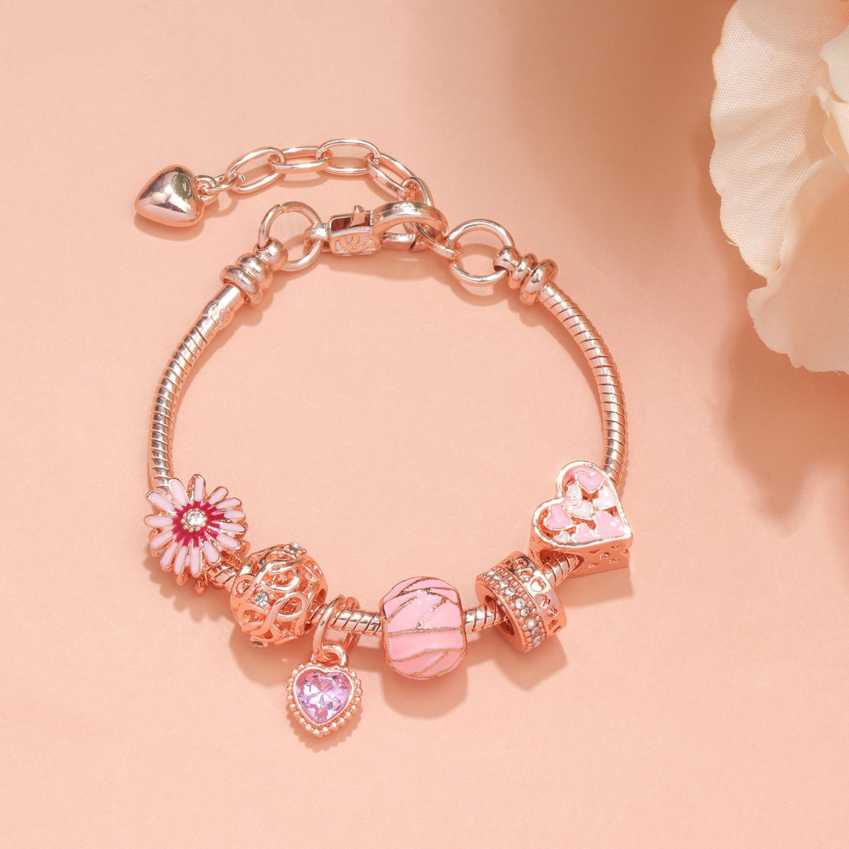 Rhinestone Daisy & Hollow Heart Charm Bracelet - Minimalist Fashion Zinc Alloy Electroplated Jewelry(18cm)