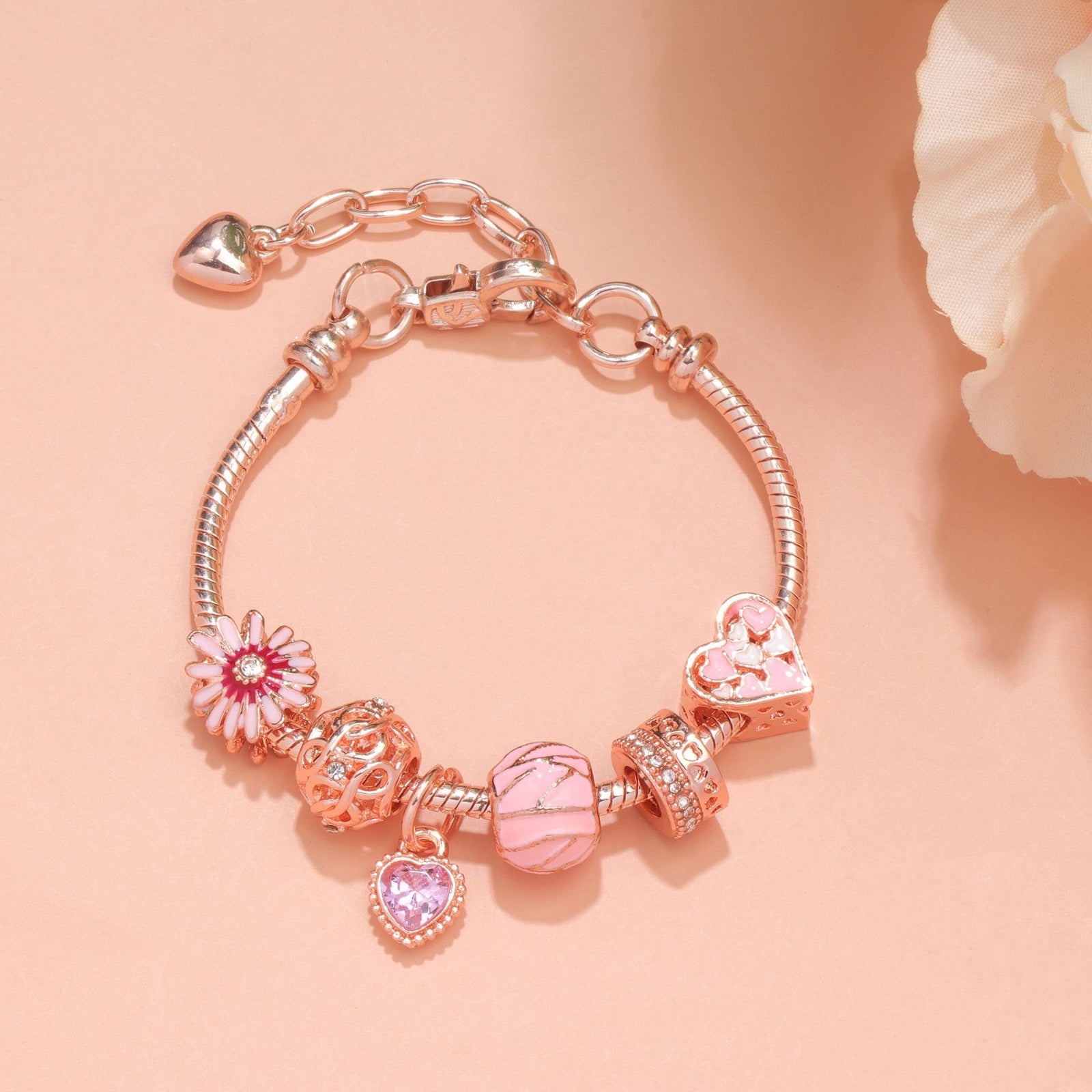 Rhinestone Daisy & Hollow Heart Charm Bracelet - Minimalist Fashion Zinc Alloy Electroplated Jewelry(18cm)