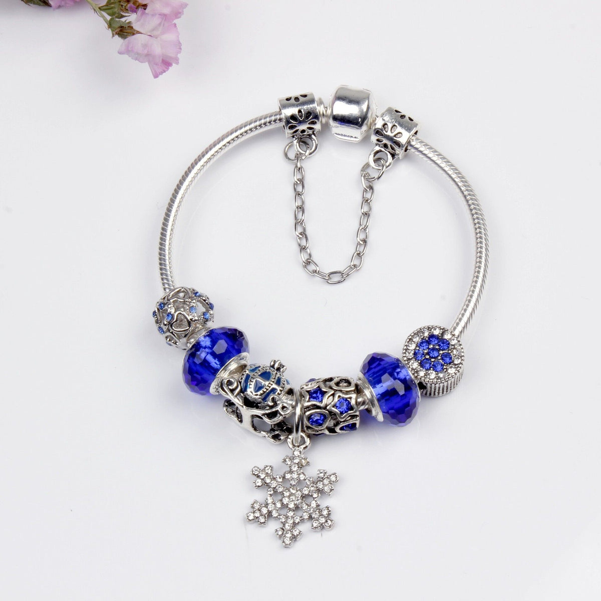 Snowflake Pendant Bracelet - Blue Cat’s Eye &amp; Glass Beads, Zinc Alloy with Rhinestone Silver Carved Charms(17cm)