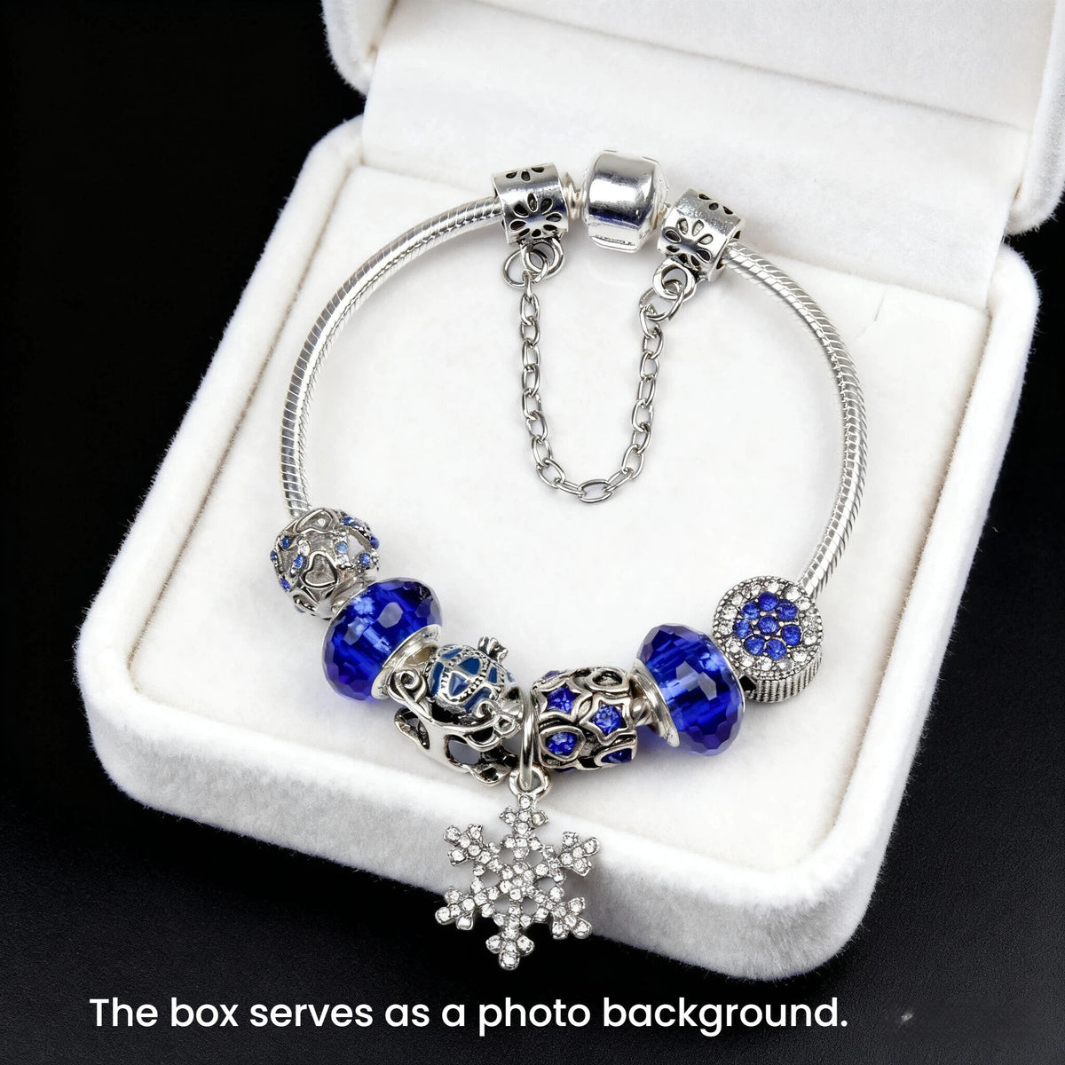 Snowflake Pendant Bracelet - Blue Cat’s Eye & Glass Beads, Zinc Alloy with Rhinestone Silver Carved Charms(17cm)