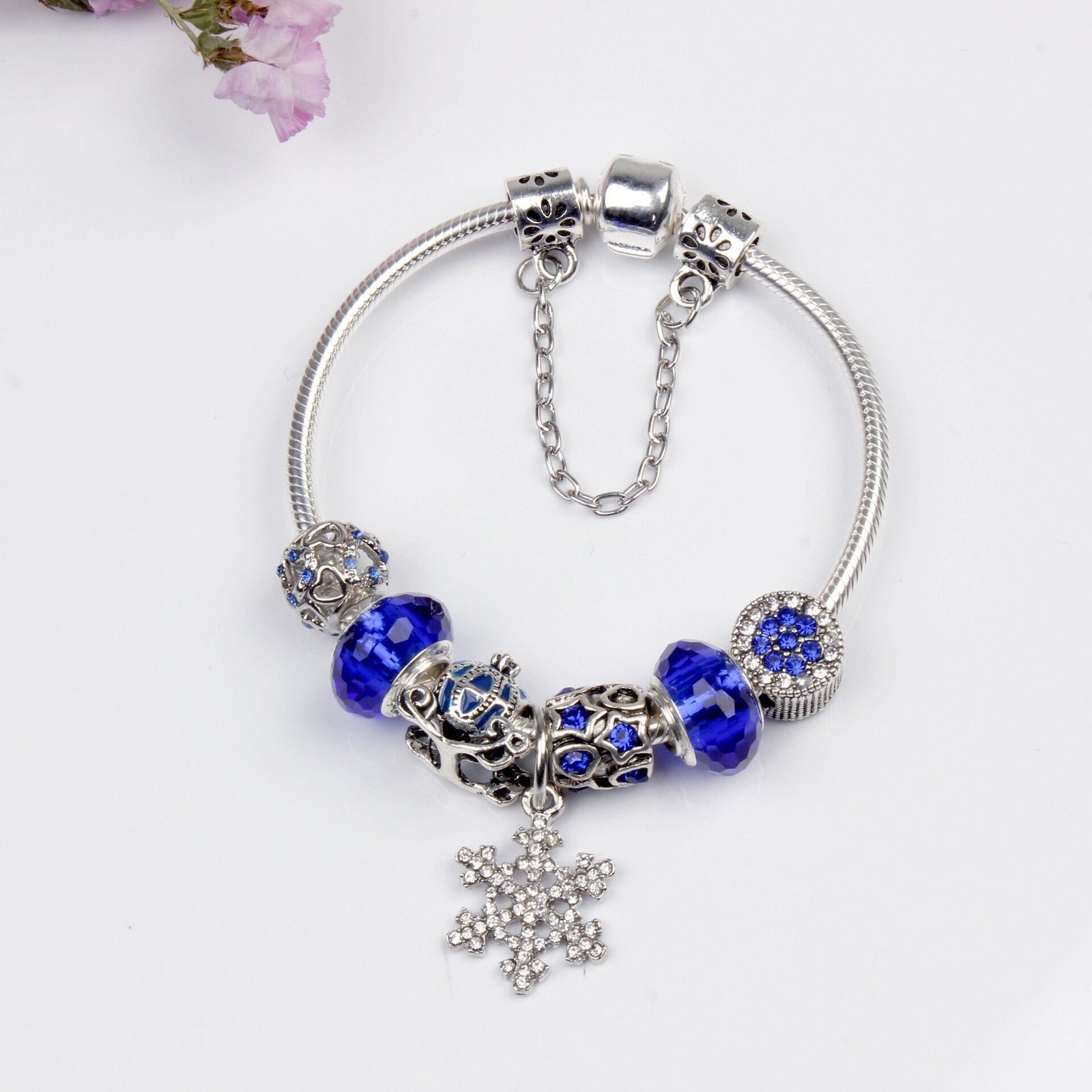 Snowflake Pendant Bracelet - Blue Cat’s Eye & Glass Beads, Zinc Alloy with Rhinestone Silver Carved Charms(18cm)