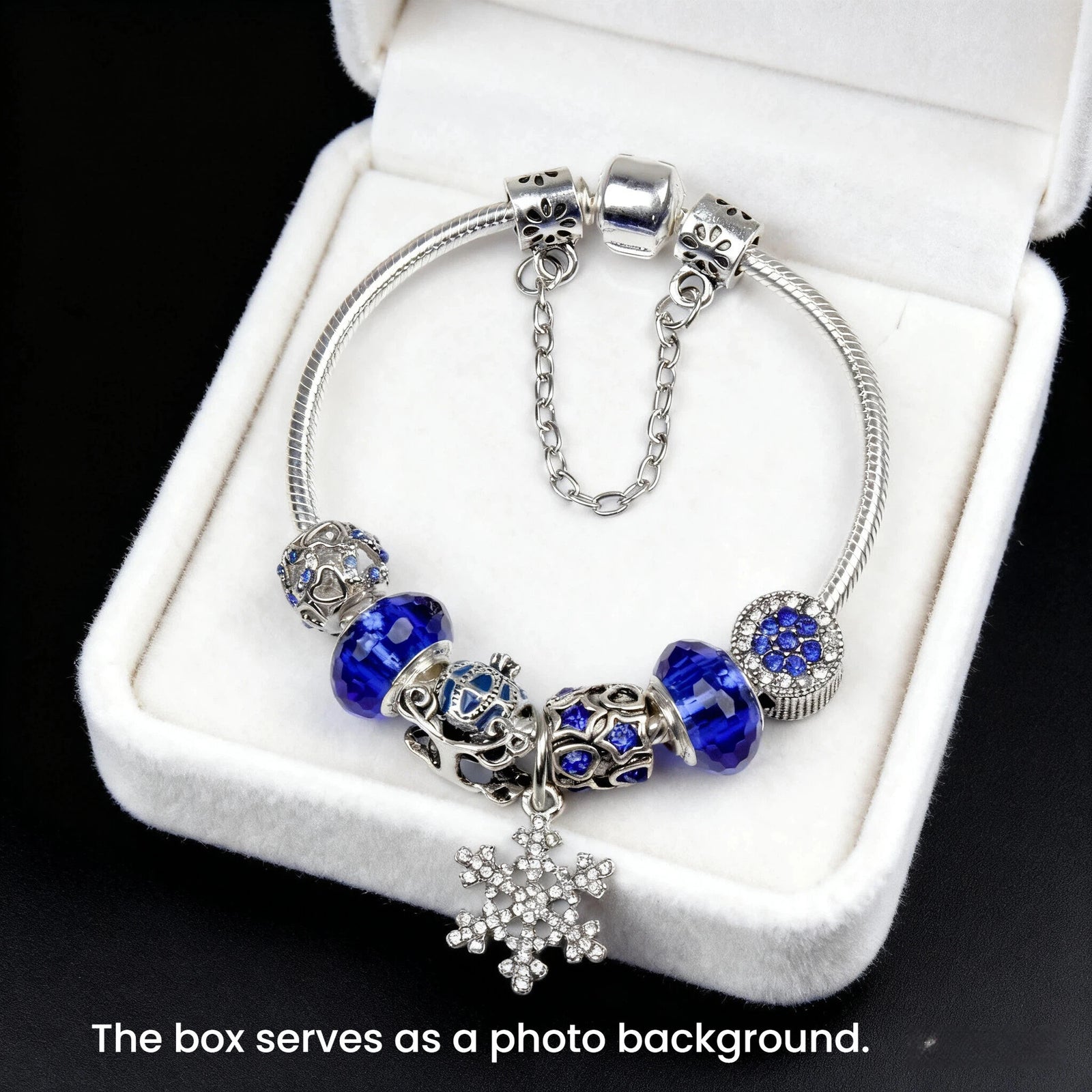 Snowflake Pendant Bracelet - Blue Cat’s Eye & Glass Beads, Zinc Alloy with Rhinestone Silver Carved Charms(19cm)