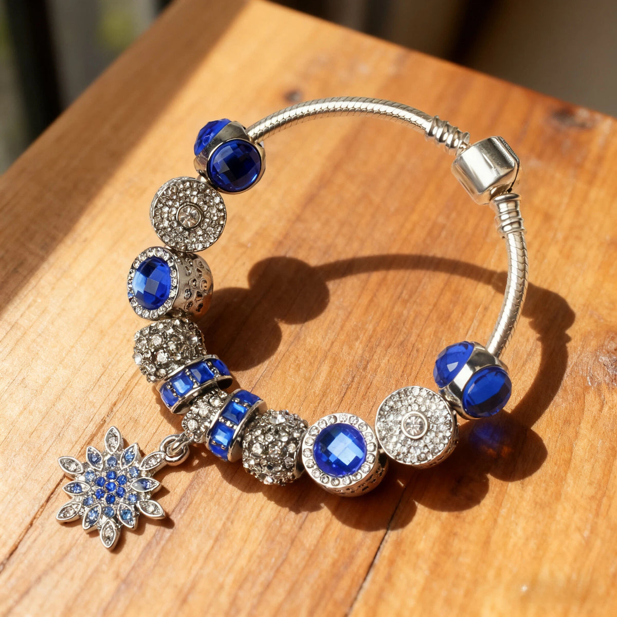 Blue Cat's Eye Glass Bead Bracelet - Zinc Alloy Rhinestone & Snowflake Pendant(17cm)