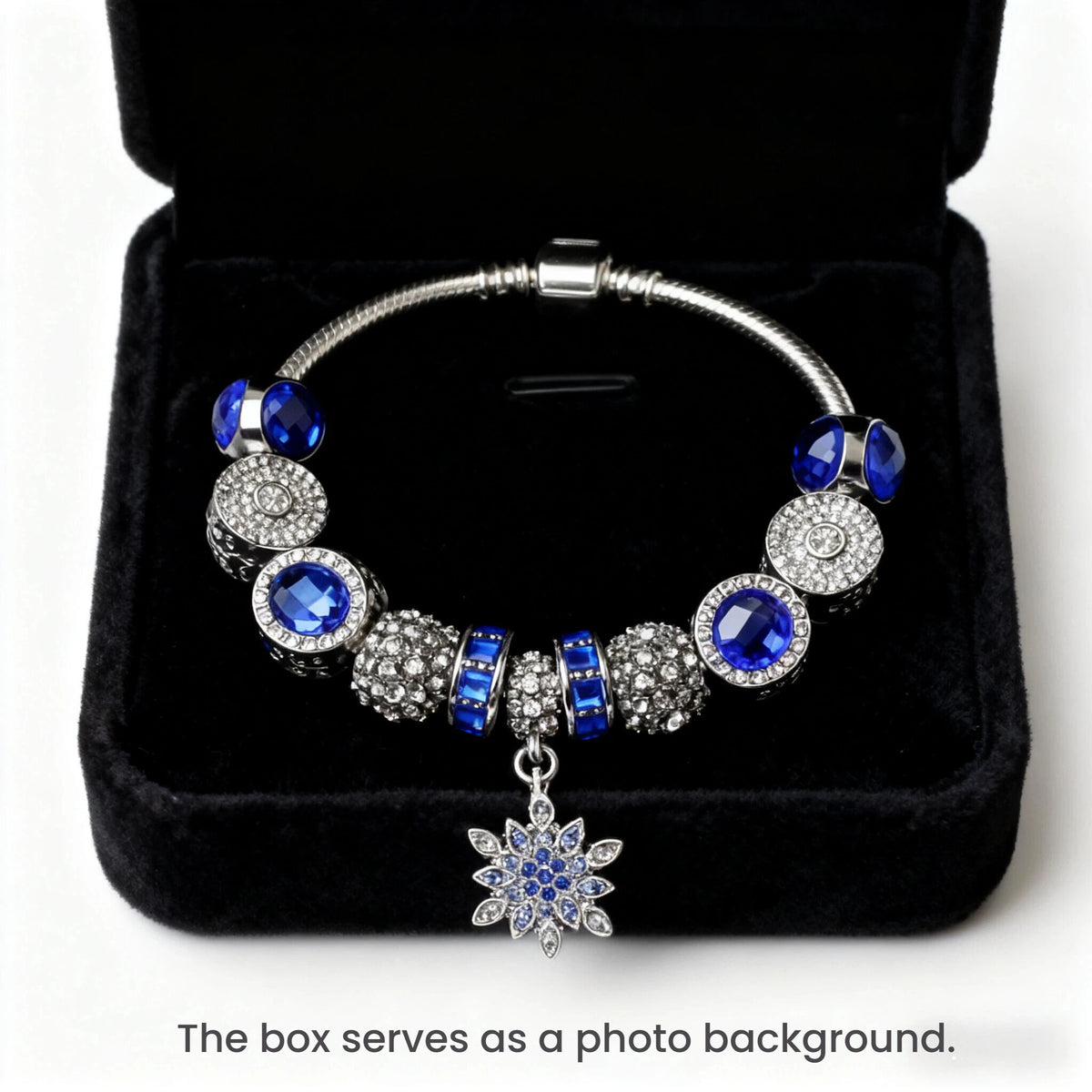 Blue Cat's Eye Glass Bead Bracelet - Zinc Alloy Rhinestone & Snowflake Pendant(19cm)