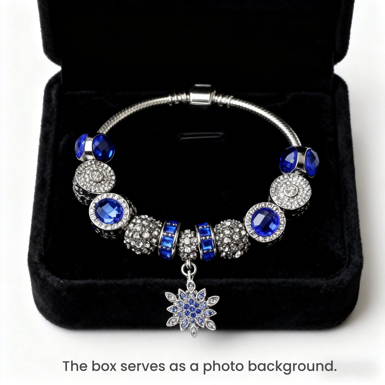 Blue Cat's Eye Glass Bead Bracelet - Zinc Alloy Rhinestone & Snowflake Pendant(20cm)