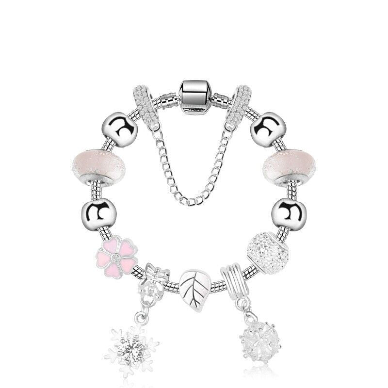 Women’s Rhinestone Cherry Blossom &amp; Snowflake Pendant Bracelet(19cm)