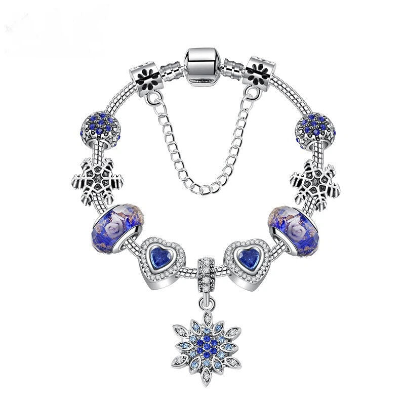 Blue Cat’s Eye &amp; Glass Bead Bracelet – Rhinestone Snowflake Pendant(18cm)