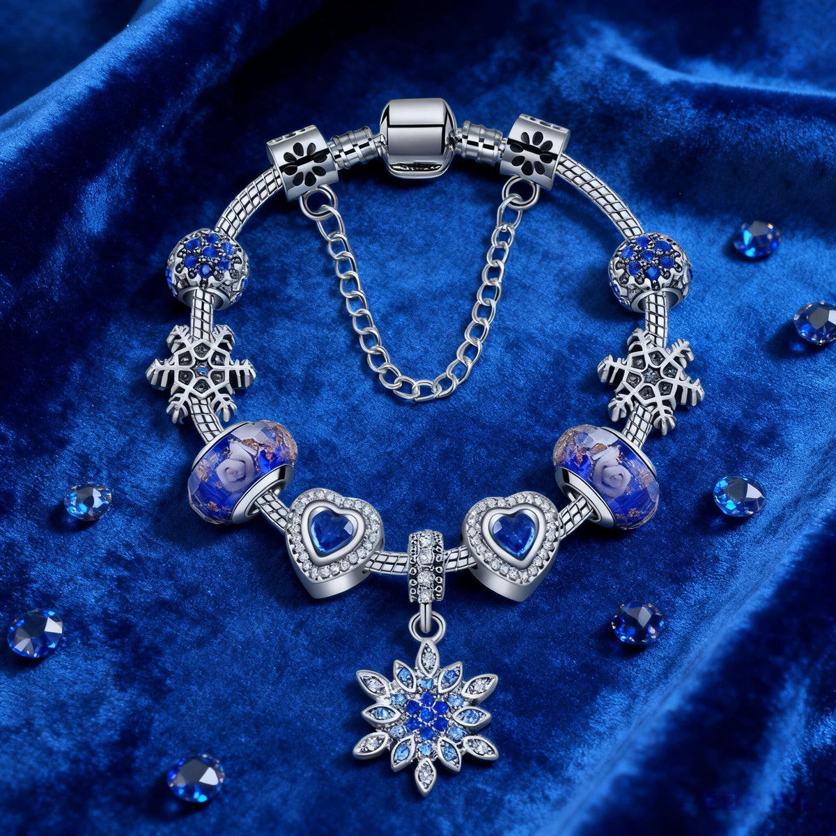 Blue Cat’s Eye & Glass Bead Bracelet – Rhinestone Snowflake Pendant(19cm)