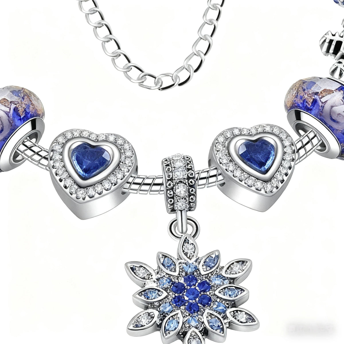 Blue Cat’s Eye & Glass Bead Bracelet – Rhinestone Snowflake Pendant(20cm)