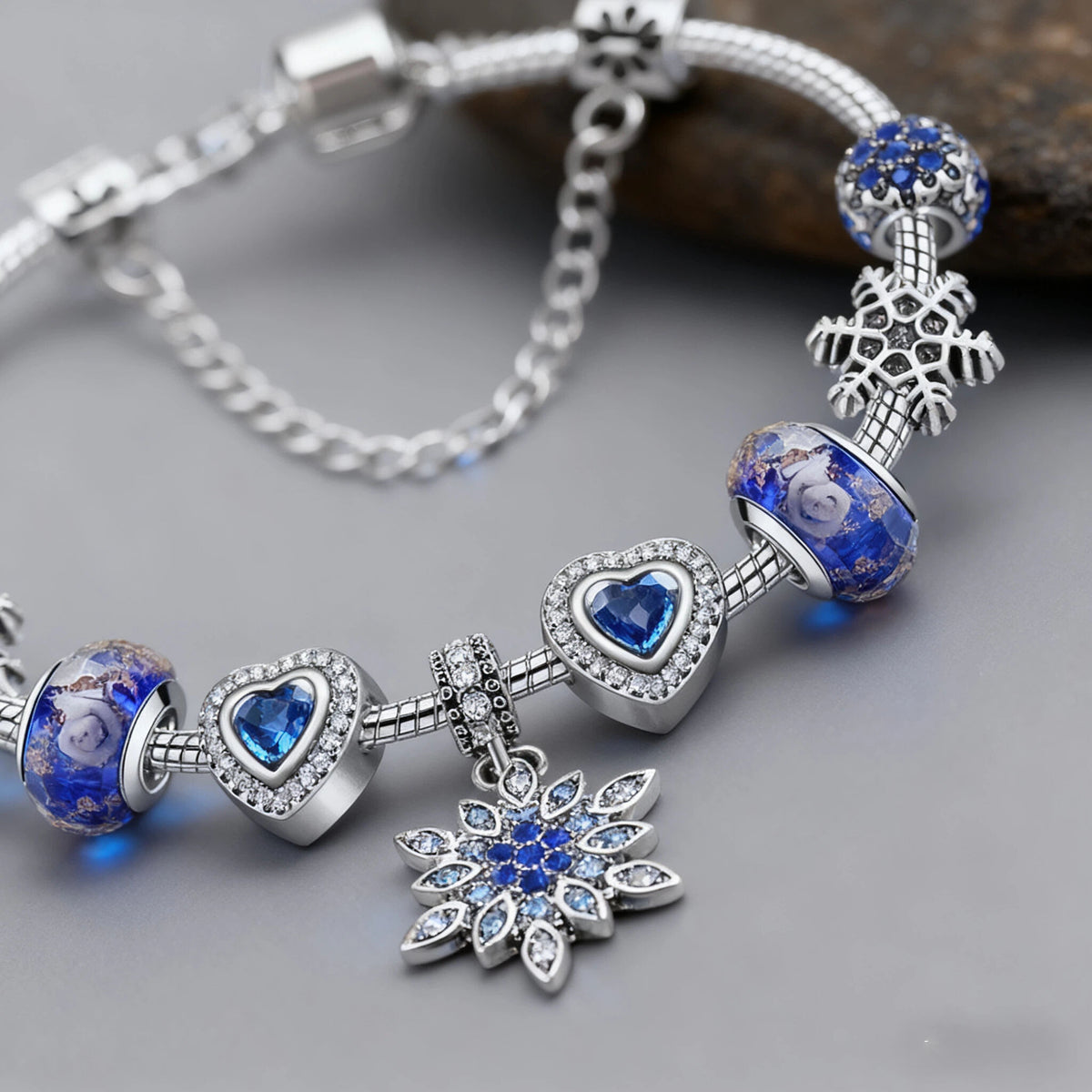 Blue Cat’s Eye & Glass Bead Bracelet – Rhinestone Snowflake Pendant(20cm)