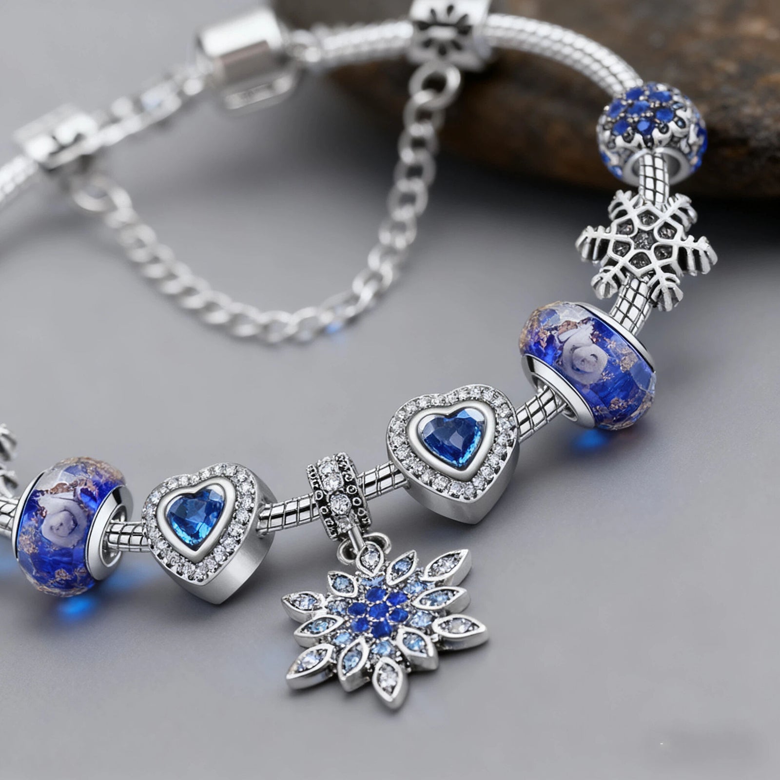 Blue Cat’s Eye & Glass Bead Bracelet – Rhinestone Snowflake Pendant(20cm)