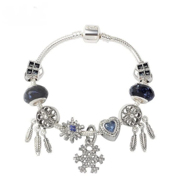 Pandora-Style Rhinestone Blue Cat’s Eye Heart Bracelet: Glass Beads, Dreamcatcher Feather Snowflake(20cm)