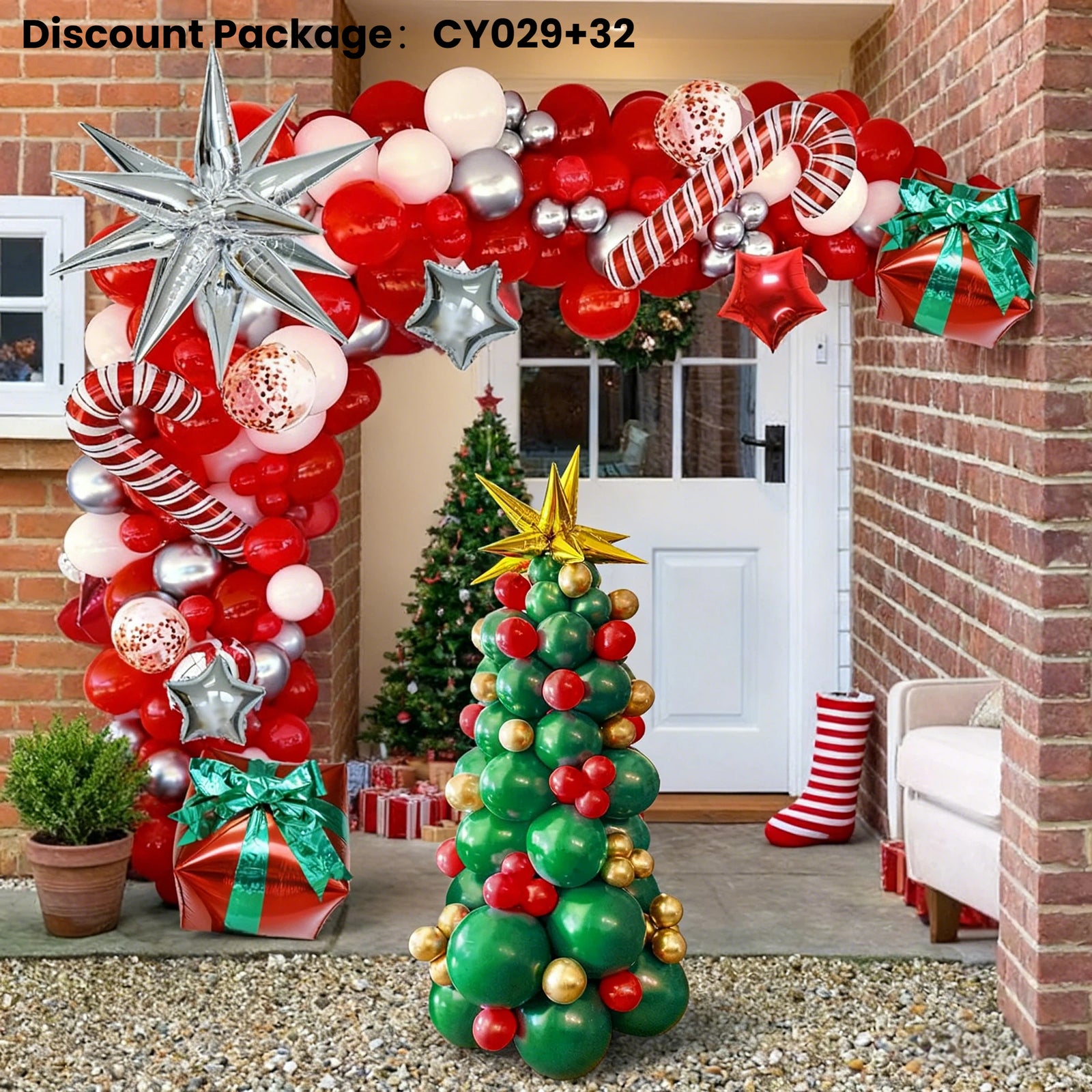 Christmas Balloon Arch + Tree Kit: Candy Cane/Star Foil Décor
