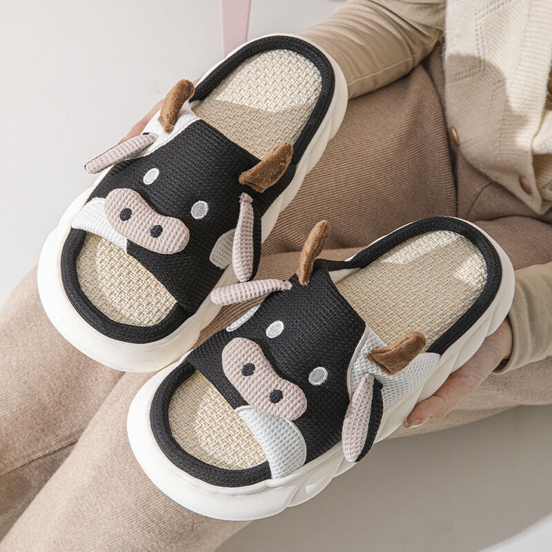 Unisex Cow Cartoon Linen Slippers: EVA Thick Sole Non-Slip Beach Sandals for Couples &amp; Parent-Child, 7 Styles(black)