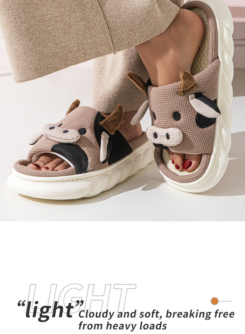 Unisex Cow Cartoon Linen Slippers: EVA Thick Sole Non-Slip Beach Sandals for Couples & Parent-Child, 7 Styles(coffee brown)